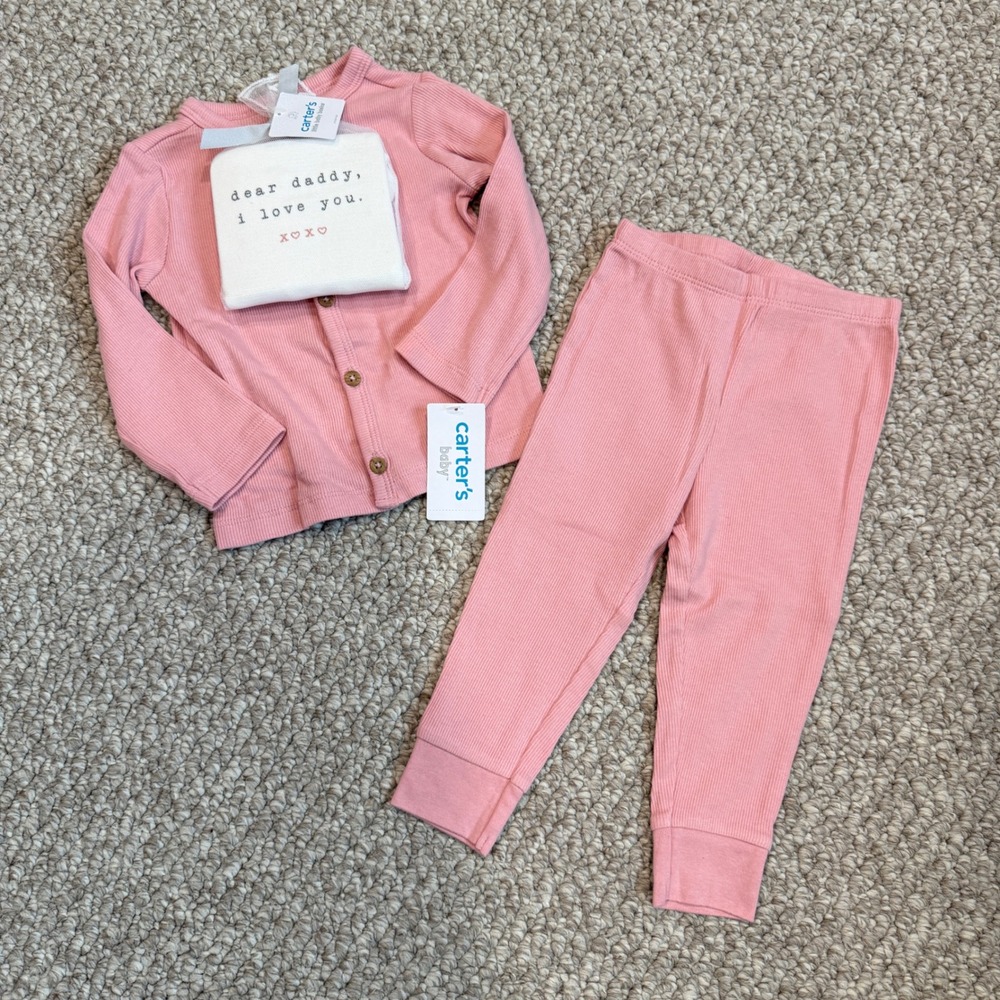 Carters Baby Girls Ribbed Cardigan Leggings Onesie Set Size 12 Months Dear Daddy